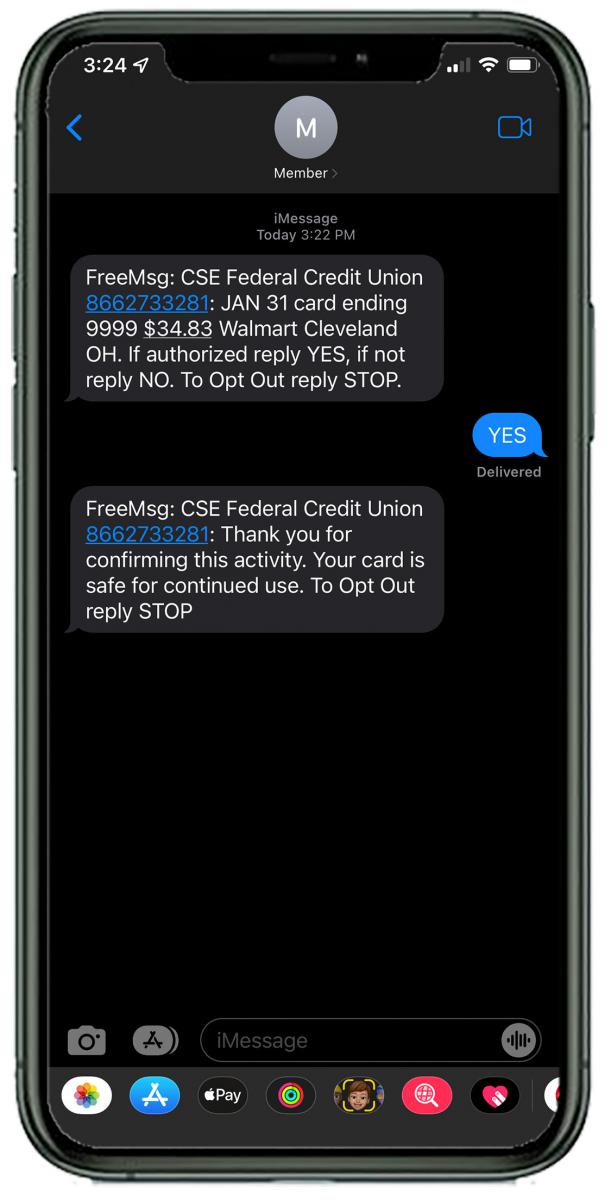 Debit card text alert - yes to confirm