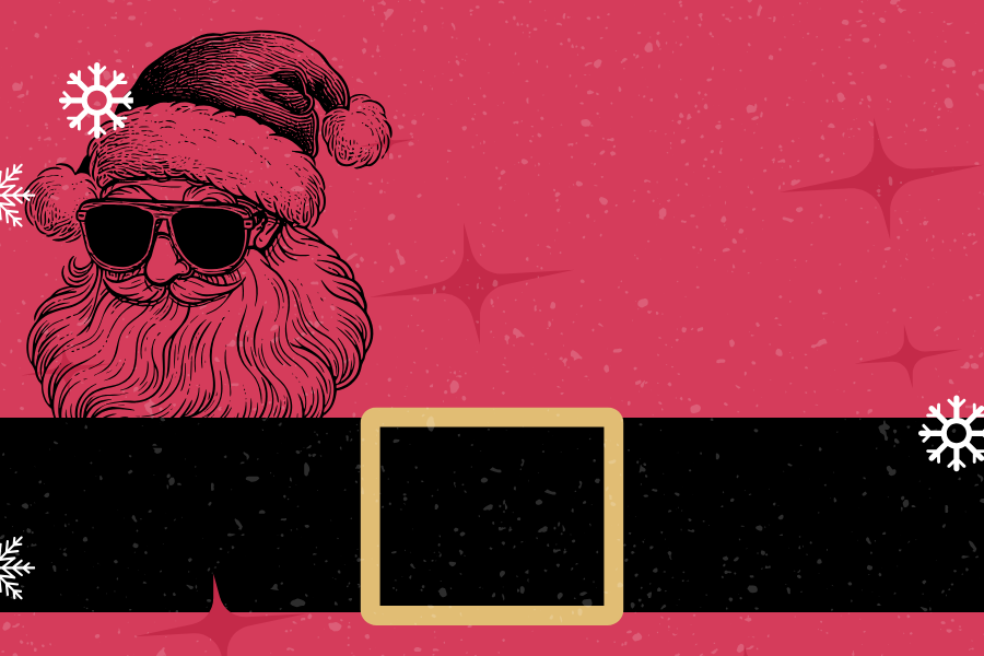 graphic of Santa clause with a red background and black belt across the image